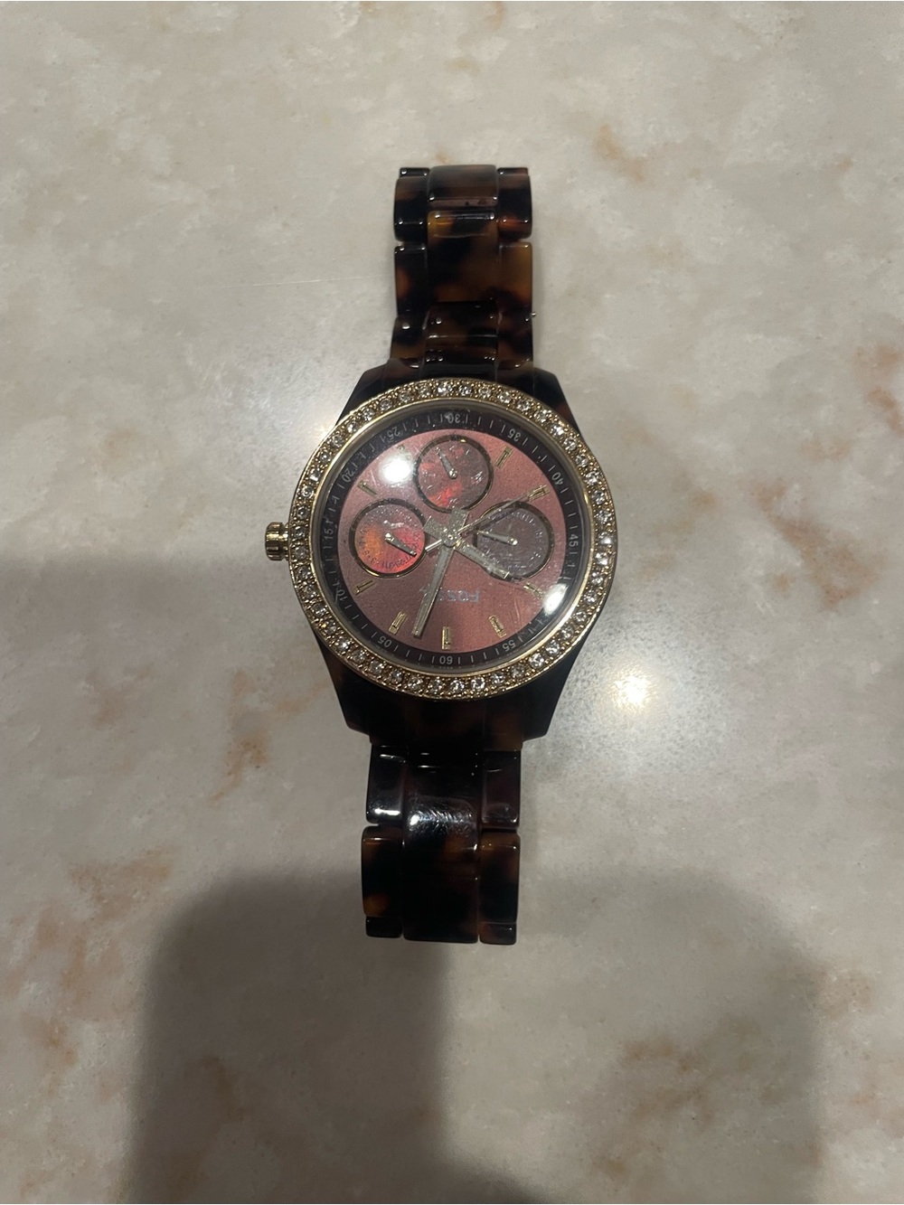 Fossil Tortoiseshell Link Watch with Rose Dial and Gold Crystal Bezel